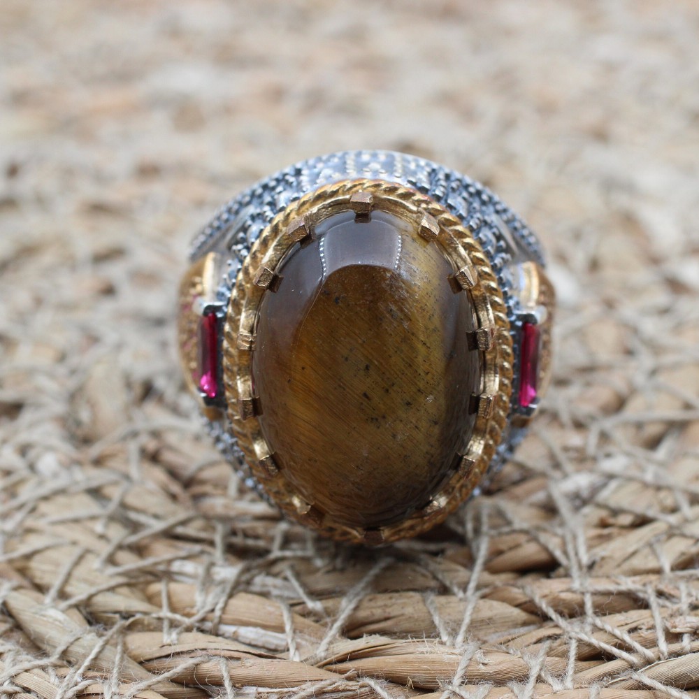 Tiger Eye Men's Ring, Ottoman Men's Ring, Handmade Men's Ring, Turkish Handmade Men's Ring, Men's Jewelry, Gift for Him, 925 Sterling Silver