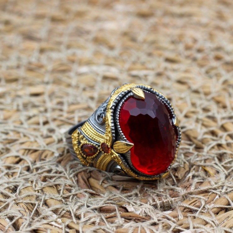 Mens Handmade Ring, Turkish Handmade Silver Men Ring, Ottoman Men Ring, Ruby Ring, Men's Jewelry, Gift for Him, 925k Sterling Silver Ring