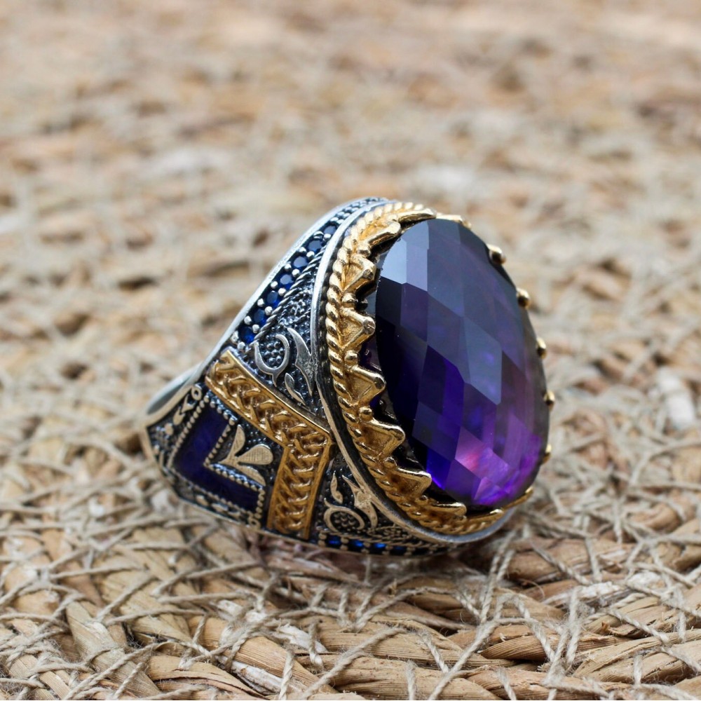 Amethyst Men's Ring, Mens Handmade Ring, Turkish Handmade Silver Men Ring, Ottoman Men Ring, Men Jewelry, Gift for Him, 925k Sterling Silver