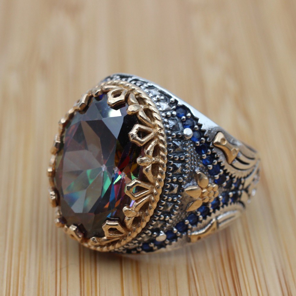 Turkish Handmade Silver Men's Ring, Men's Handmade Ring, Yemeni Ring, Mystic Topaz Ring, Ottoman Ring, Gift for Him, 925k Sterling Silver,