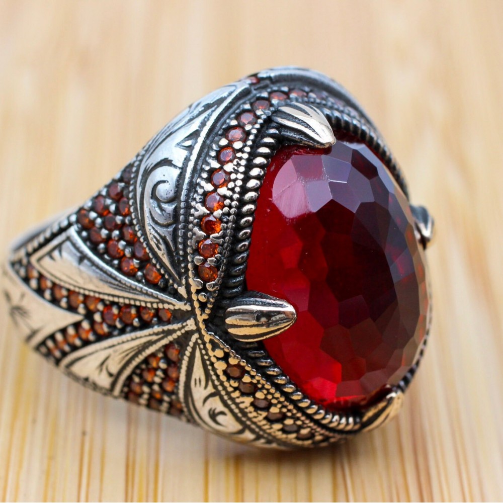 Mens Handmade Ring, Turkish Handmade Silver Men Ring, Ottoman Men Ring, Ruby Ring, Men's Jewelry, Gift for Him, 925k Sterling Silver Ring