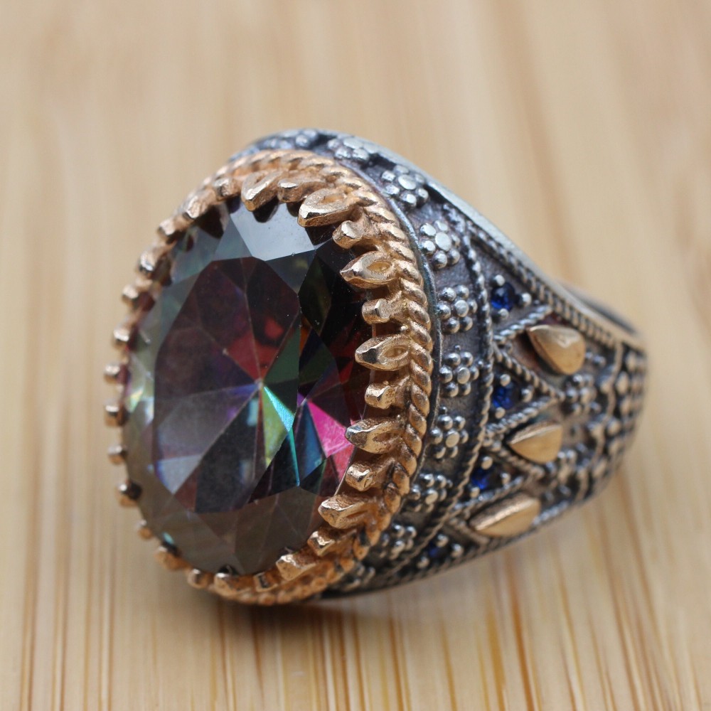 Turkish Handmade Silver Men's Ring, Men's Handmade Ring, Yemeni Ring, Mystic Topaz Ring, Ottoman Ring, Gift for Him, 925k Sterling Silver,