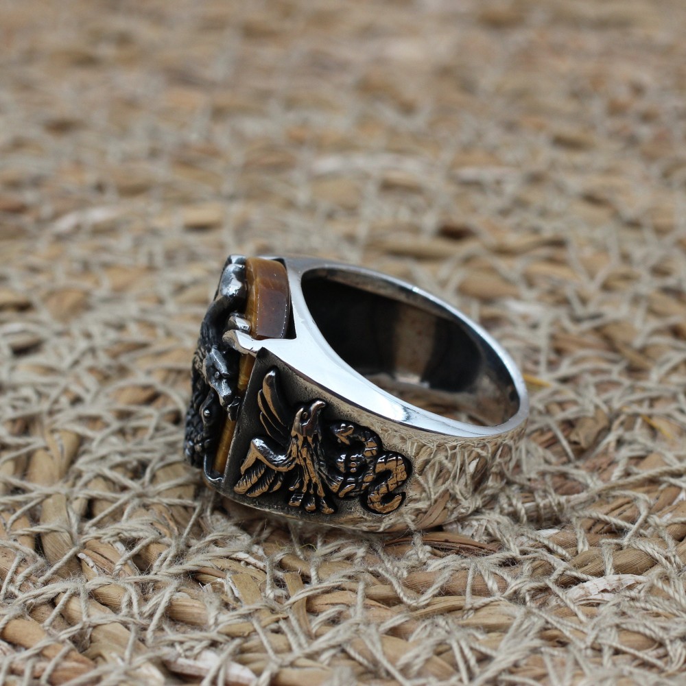 Tiger Eye Men's Ring, Eagle Men's Ring, Handmade Men's Ring, Turkish Handmade Mens Ring, Men's Jewelry, Gift for Him, 925 Sterling Silver