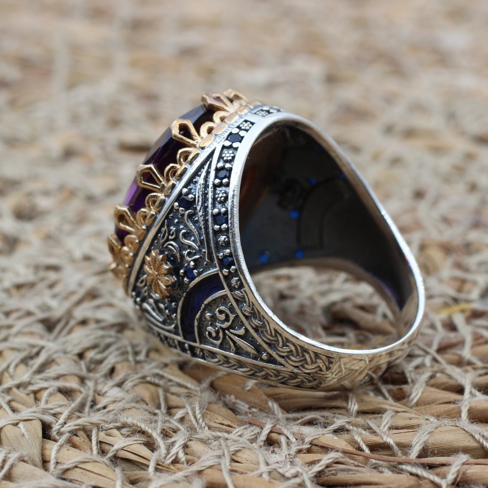 Amethyst Men's Ring, Mens Handmade Ring, Turkish Handmade Silver Men Ring, Ottoman Men Ring, Men Jewelry, Gift for Him, 925k Sterling Silver