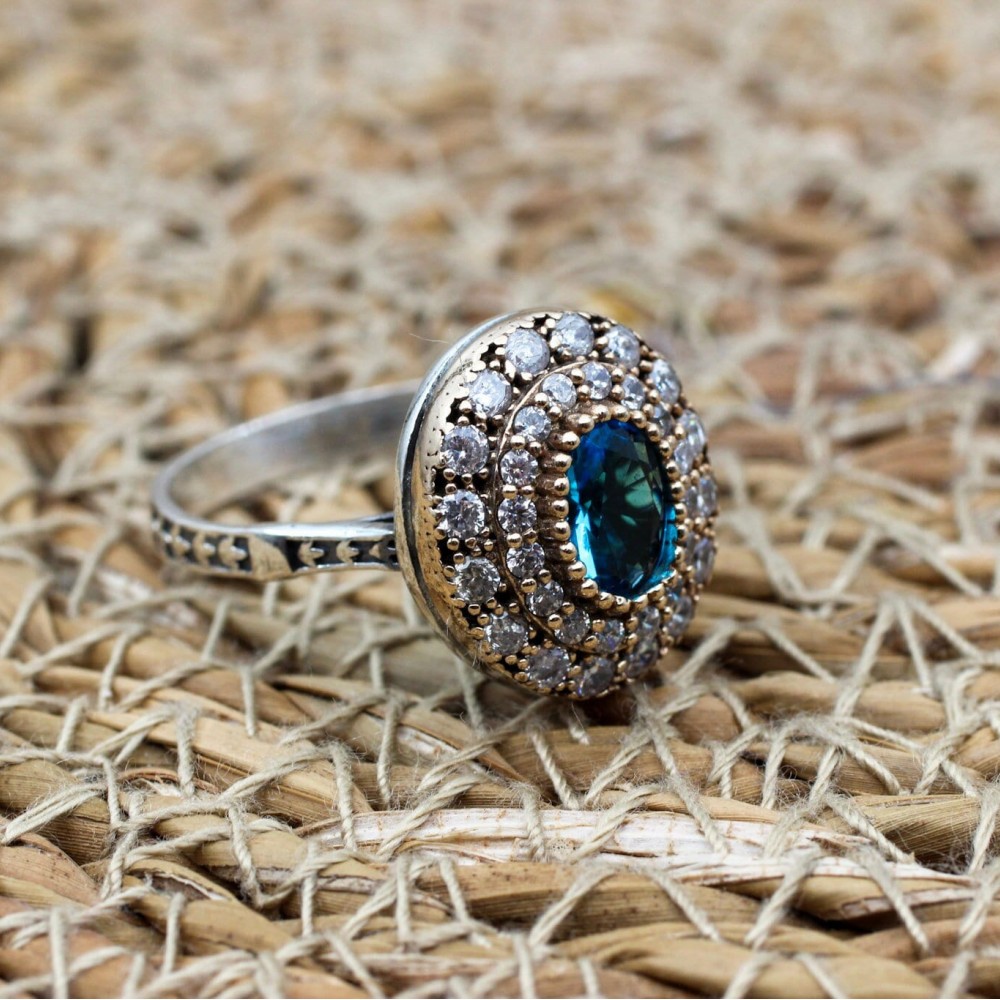 Aquamarine Ring, Handmade Women Ring, Turkish Handmade Silver Ladies Ring, Ottoman Ring, Ladies Ring, 925k Sterling Silver, Zircon Ring