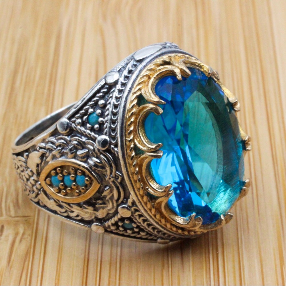 Aquamarine Ring, Men's Handmade Ring, Turkish Handmade Ring, Cubic Zircon, Ottoman Ring, Men's Jewelry, Gift for Him, 925k Sterling Silver