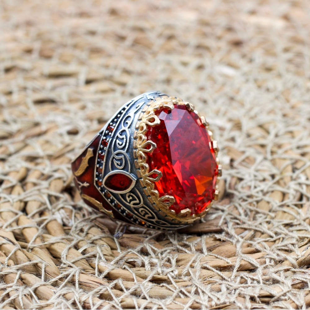 Ruby Men's Ring, Ottoman Men's Ring, Handmade Men's Ring, Turkish Handmade Men's Ring, Men's Jewelry, Gift for Him, 925 Sterling Silver