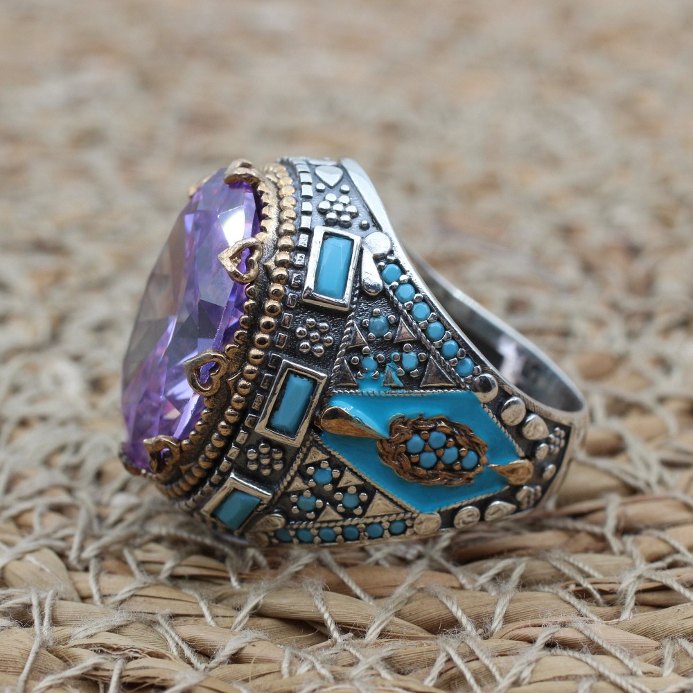 Amethyst Men's Ring, Handmade Men Ring, Turkish Handmade Silver Men Ring, Ottoman Men Ring, Men Jewelry, Gift for Him, 925k Sterling Silver,