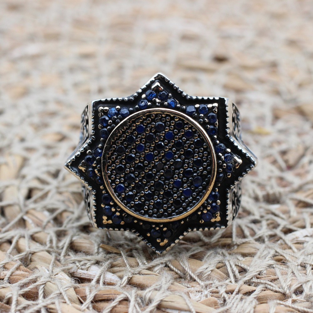 Turkish Handmade Silver Men Ring, Mens Handmade Ring, Ottoman Ring, Sapphire Ring, Men's Jewelry, Gift for Him, 925k Sterling Silver Ring