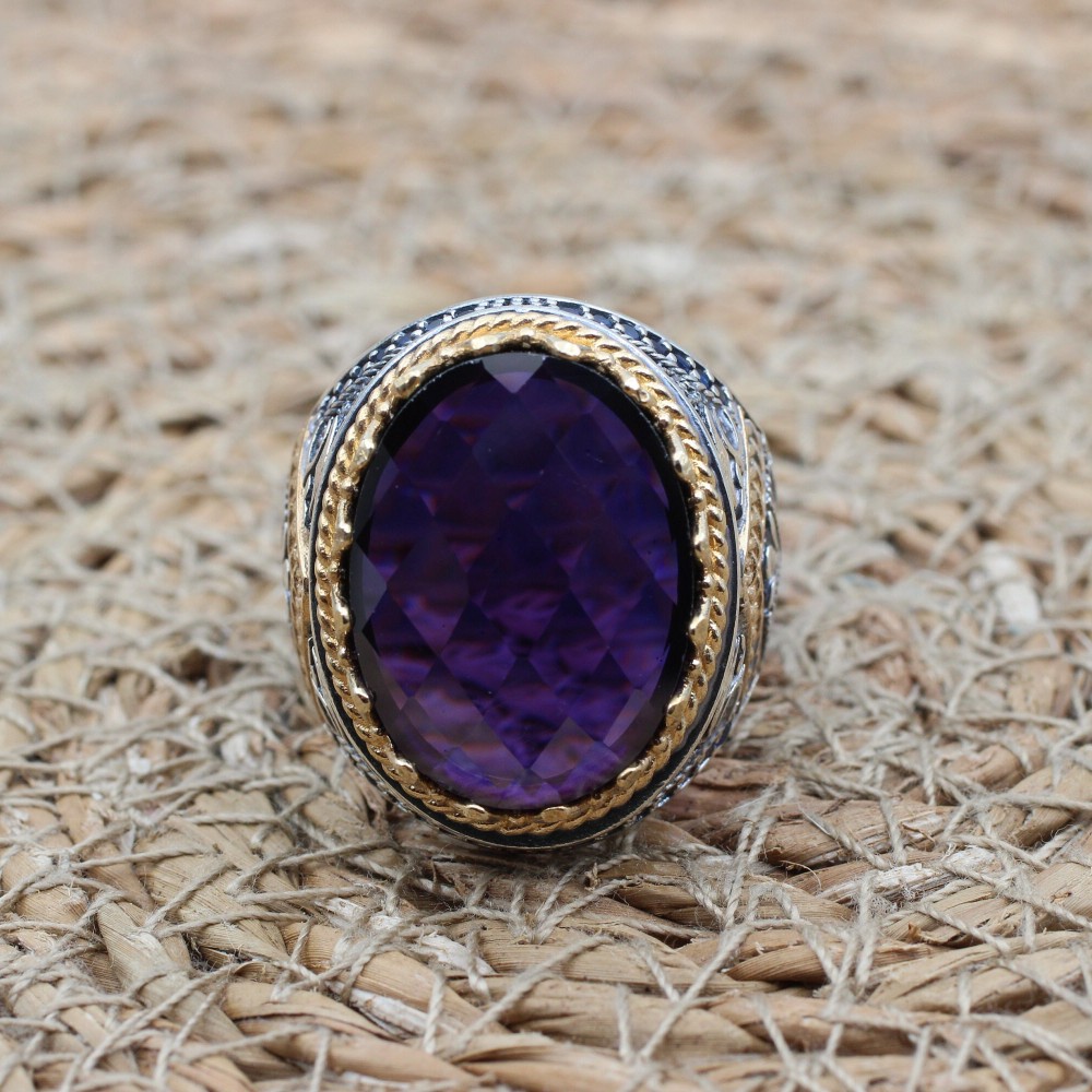 Amethyst Men's Ring, Mens Handmade Ring, Turkish Handmade Silver Men Ring, Ottoman Men Ring, Men Jewelry, Gift for Him, 925k Sterling Silver