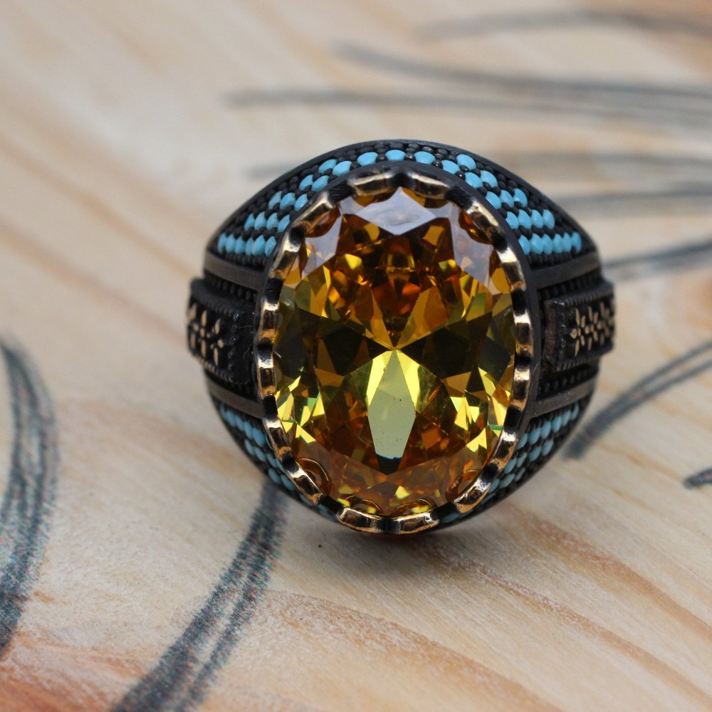 Citrine Men's Ring, Handmade Men's Ring, Turkish Handmade Ring, Ottoman Men's Ring, Men's Jewelry, Gift for Him, 925k Sterling Silver Ring
