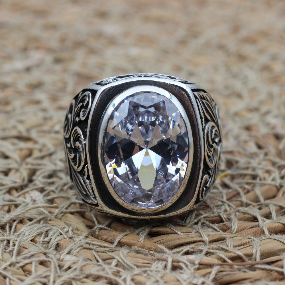 Mens Handmade Ring, Turkish Handmade Silver Men Ring, Ottoman Men Ring, Zircon Ring, Men's Jewelry, Gift for Him, 925k Sterling Silver Ring