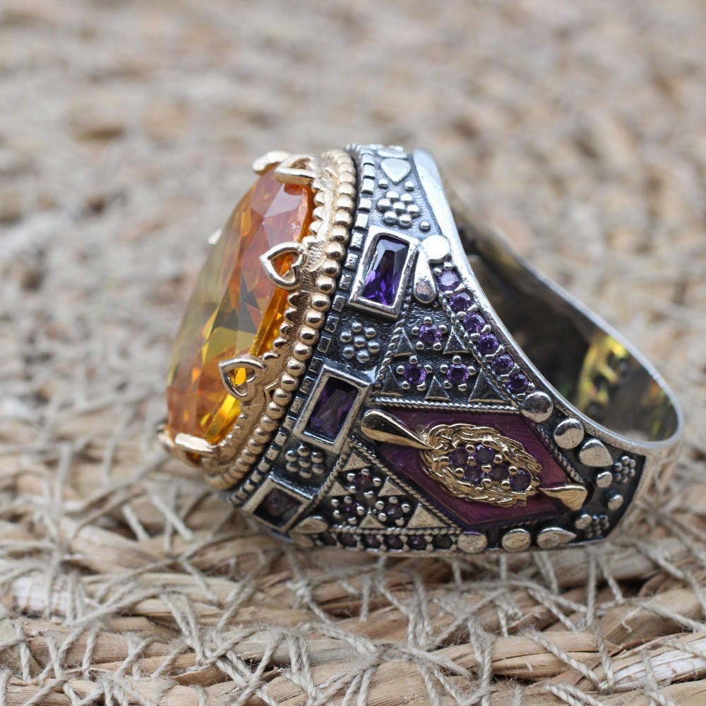 Citrine Men's Ring, Handmade Men's Ring, Turkish Handmade Ring, Ottoman Men's Ring, Men's Jewelry, Gift for Him, 925k Sterling Silver Ring