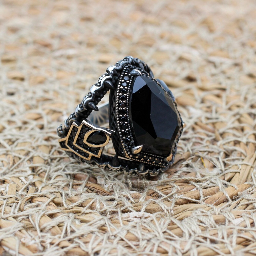 Turkish Handmade Silver Men's Ring, Men's Handmade Ring, Yemeni Men's Ring, Onyx Ring, Ottoman Ring, Gift for Him, 925k Sterling Silver,