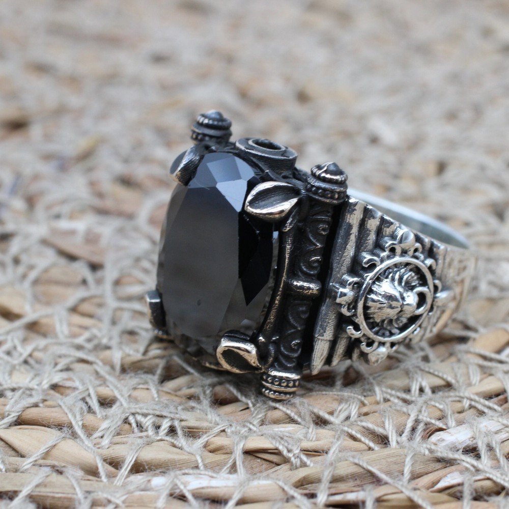 Onyx Men's Ring, Turkish Handmade Silver Men's Ring, Men's Handmade Ring, Oval Stone Ring, Ottoman Ring, Gift for Him, 925k Sterling Silver,