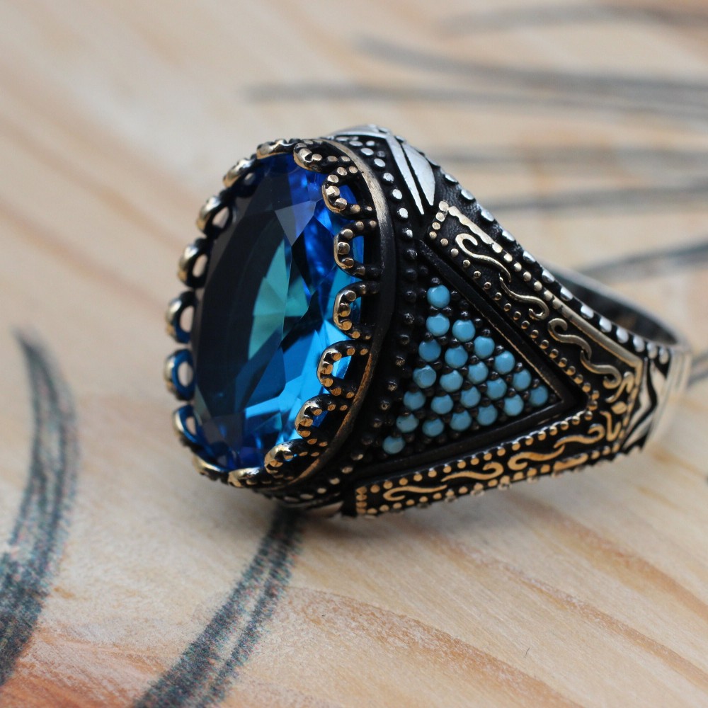 Aquamarine Ring, Mens Handmade Ring, Turkish Handmade Silver Men Ring, Ottoman Ring, Men's Jewelry, Gift for Him, 925k Sterling Silver Ring