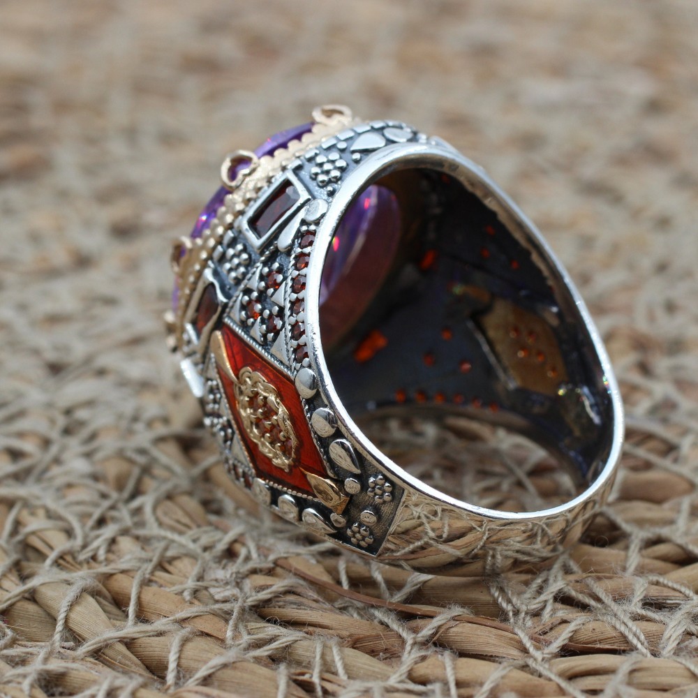 Amethyst Men's Ring, Mens Handmade Ring, Turkish Handmade Silver Men Ring, Ottoman Men Ring, Men Jewelry, Gift for Him, 925k Sterling Silver