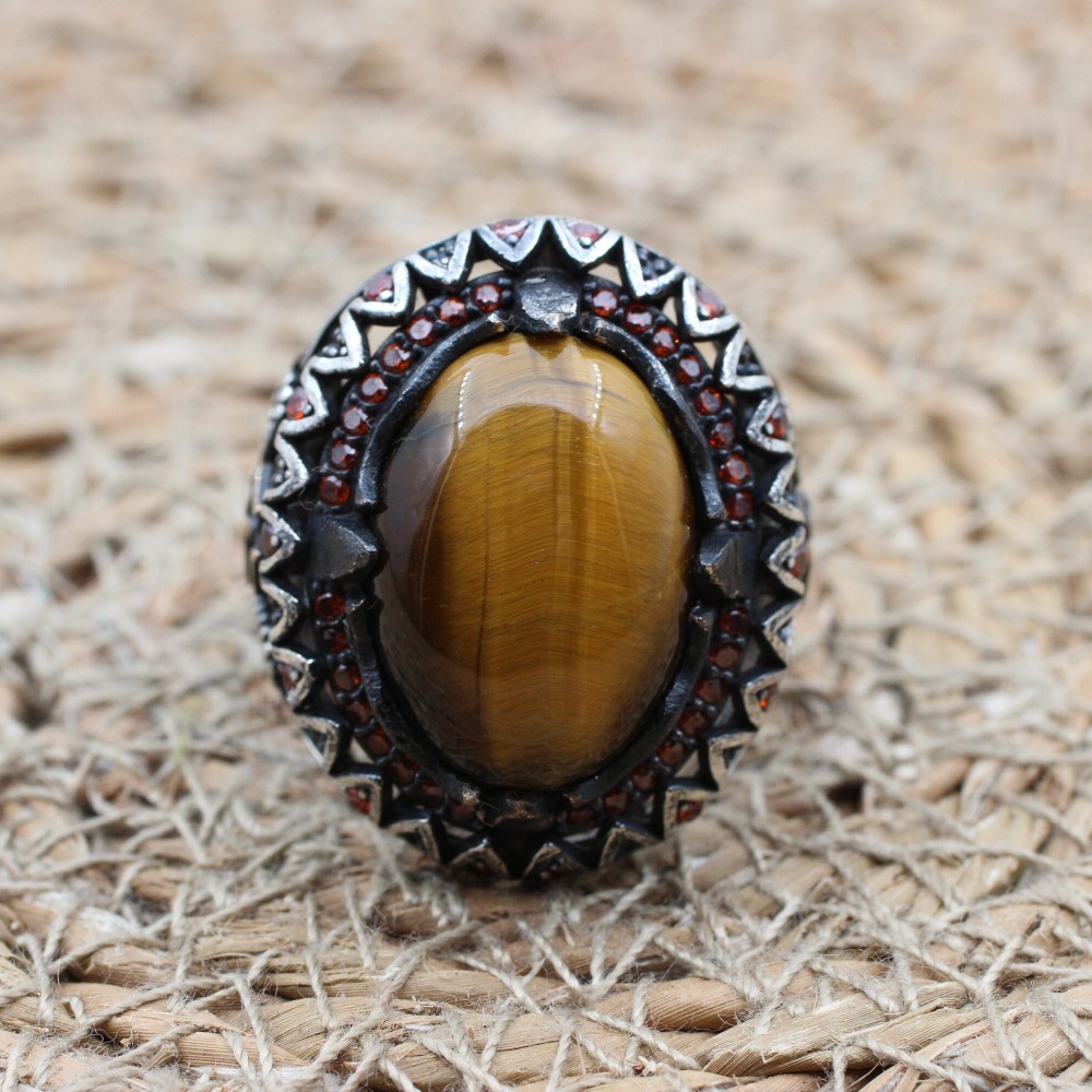 Tiger Eye Men's Ring, Ottoman Men's Ring, Handmade Men's Ring, Turkish Handmade Men's Ring, Men's Jewelry, Gift for Him, 925 Sterling Silver