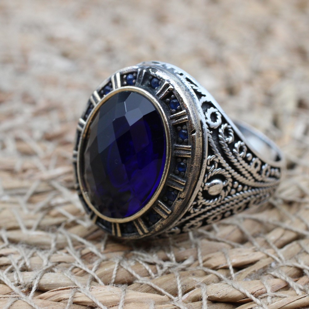 Turkish Handmade Silver Men Ring, Mens Handmade Ring, Ottoman Ring, Sapphire Ring, Men's Jewelry, Gift for Him, 925k Sterling Silver Ring