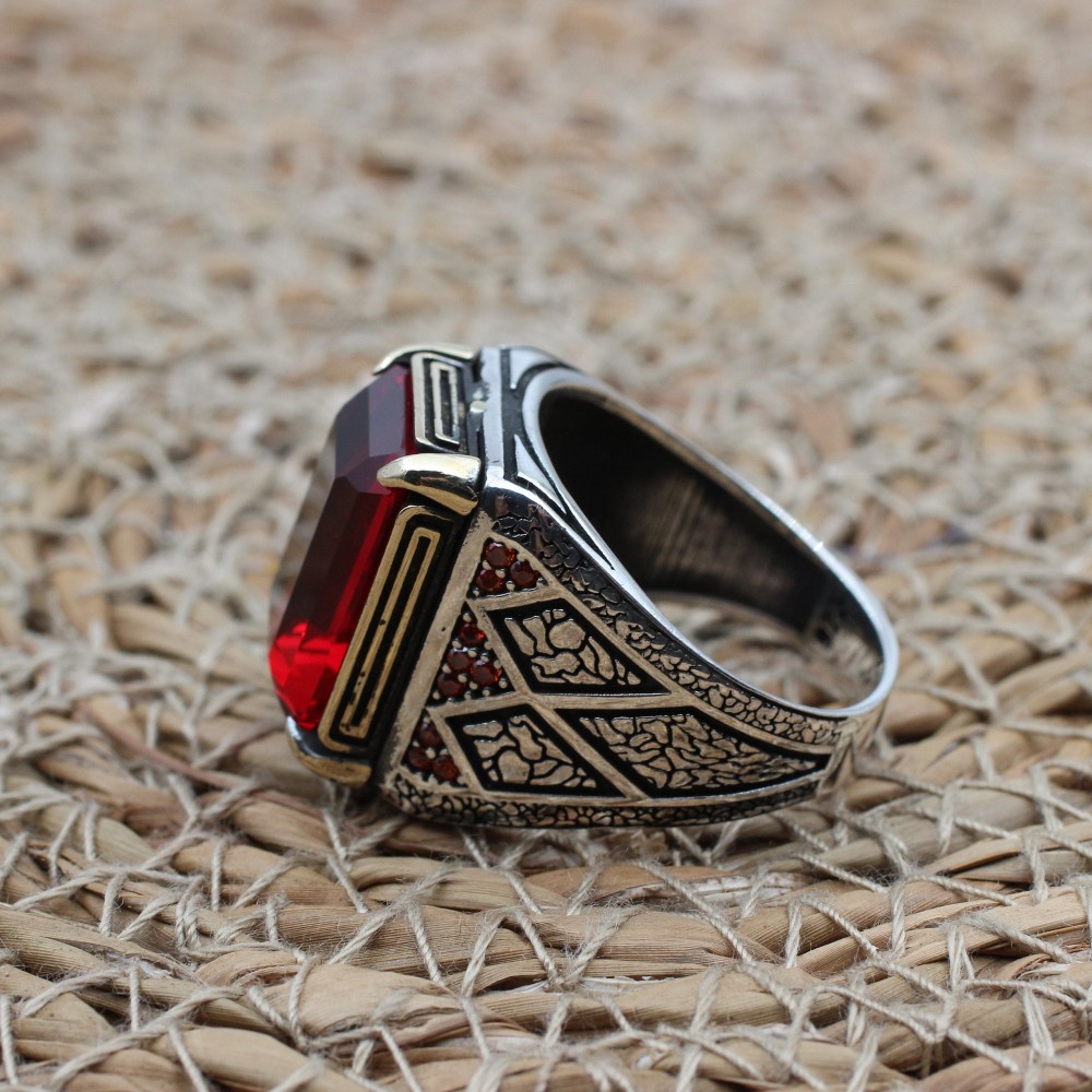 Ruby Men's Ring, Ottoman Men's Ring, Handmade Men's Ring, Turkish Handmade Men's Ring, Men's Jewelry, Gift for Him, 925 Sterling Silver