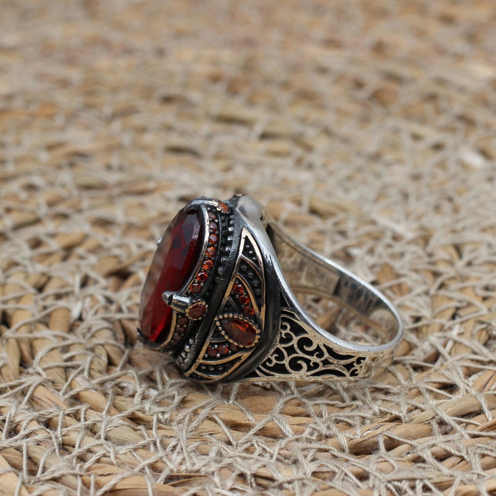 Mens Handmade Ring, Turkish Handmade Silver Men Ring, Ottoman Men Ring, Ruby Ring, Men's Jewelry, Gift for Him, 925k Sterling Silver Ring