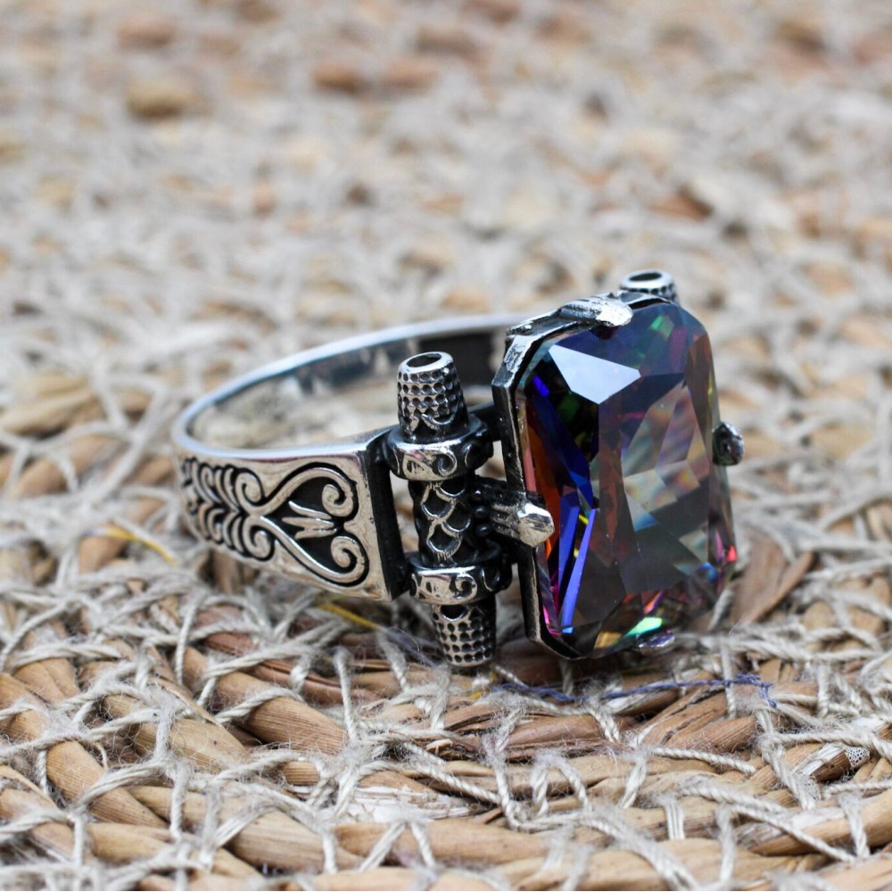 Mystic Topaz Mens Ring, Handmade Ring, Turkish Handmade Ring, Mens