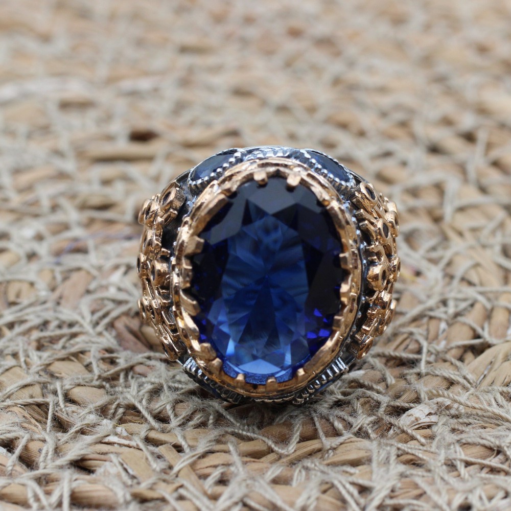 Sapphire Men's Ring, Tree Of Life Ring, Handmade Men's Ring, Turkish Handmade Men's Ring, Men's Jewelry, Gift for Him, 925 Sterling Silver
