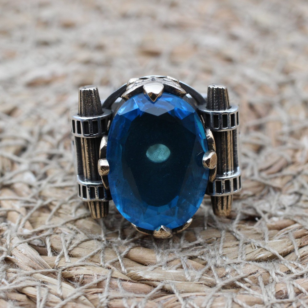 Mens Handmade Ring, Turkish Handmade Silver Men Ring, Ottoman Ring, Aquamarine Ring, Men's Jewelry, Gift for Him, 925k Sterling Silver Ring