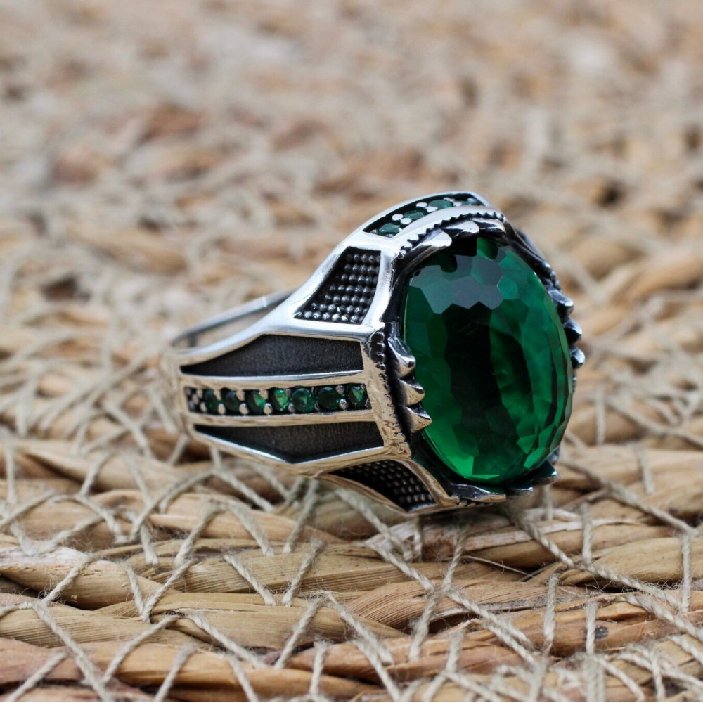 Emerald Men's Ring, Ottoman Men's Ring, Handmade Men's Ring, Turkish Handmade Men's Ring, Men's Jewelry, Gift for Him, 925 Sterling Silver