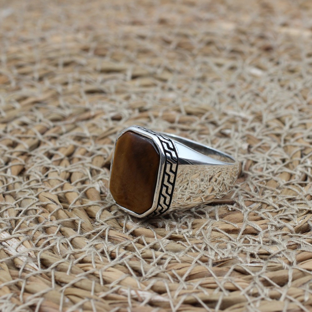 Tiger Eye Men's Ring, Ottoman Men's Ring, Handmade Men's Ring, Turkish Handmade Men's Ring, Men's Jewelry, Gift for Him, 925 Sterling Silver