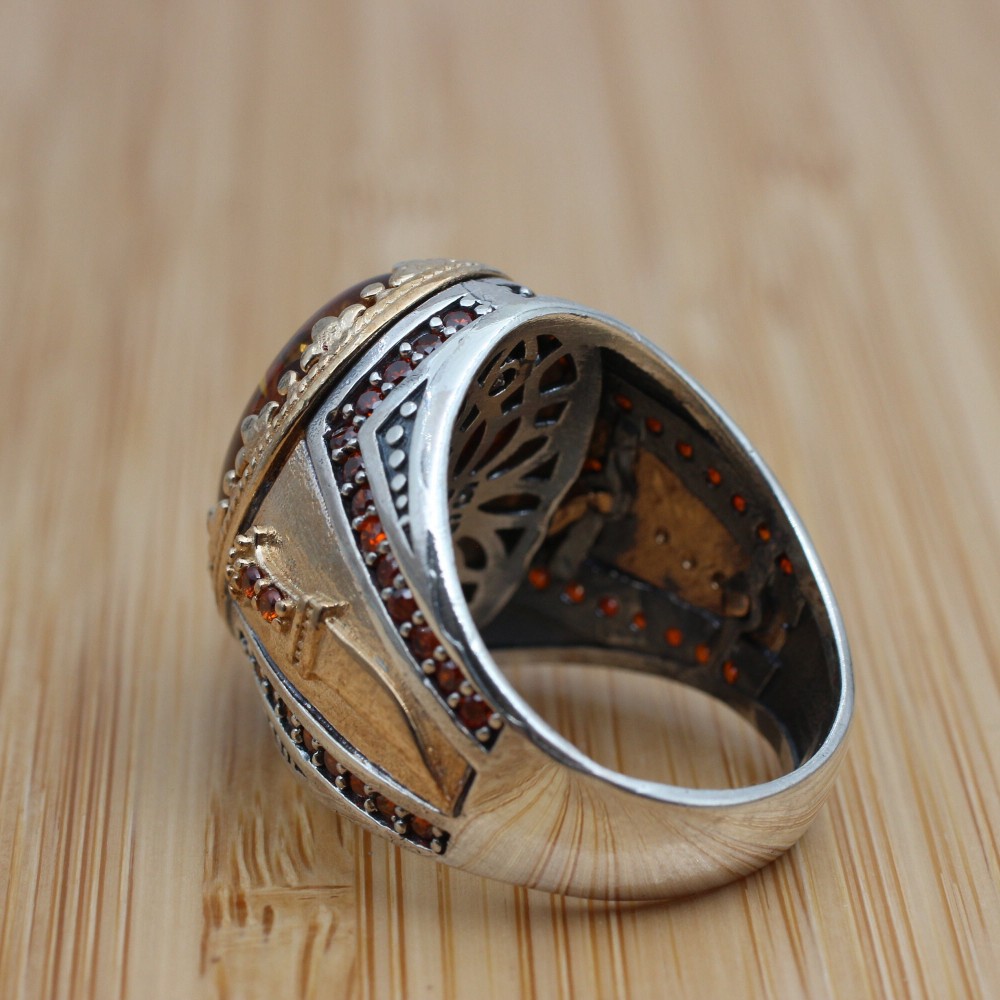 Amber Ring, Men's Handmade Ring, Ottoman Men Ring, Turkish Handmade Silver Men Ring, Men's Jewelry, Gift for Him, 925k Sterling Silver Ring