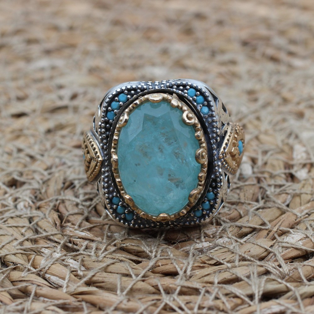 Paraiba Men's Ring, Handmade Men's Ring, Turkish Handmade Silver Men's Ring, Ottoman Ring, Men's Jewelry, Gift for Him, 925k Sterling Silver