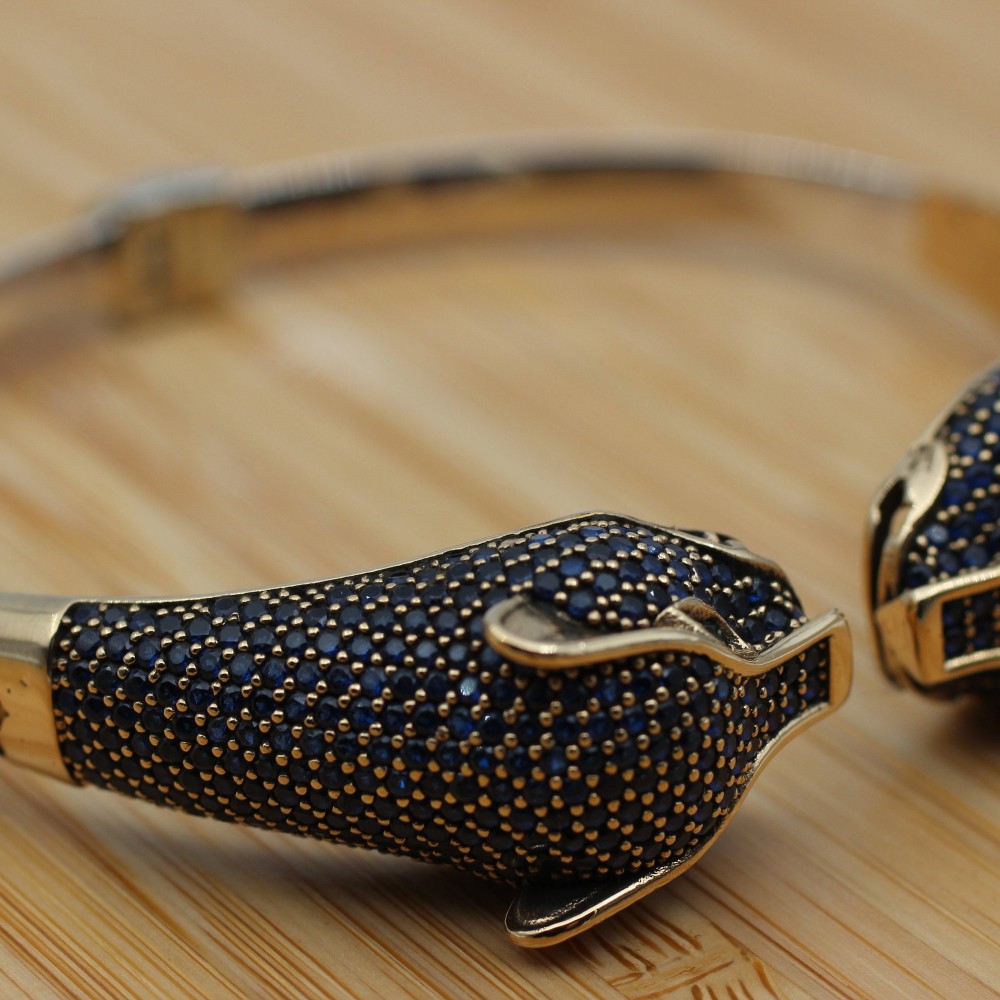 Sapphire Bracelet, Tiger Bracelet, Handmade Bracelet, Bangle Cuff, Turkish Handmade, Ottoman Bracelet, Gift For Her, 925k Sterling Silver