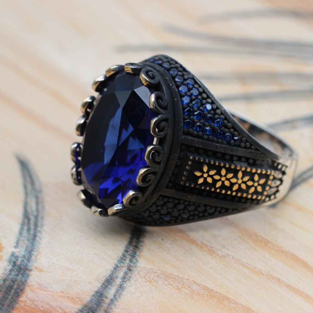 Sapphire Men Ring, Turkish Handmade Silver Men Ring, Mens Handmade Ring, Ottoman Ring, Men Jewelry, Gift for Him, 925k Sterling Silver Ring
