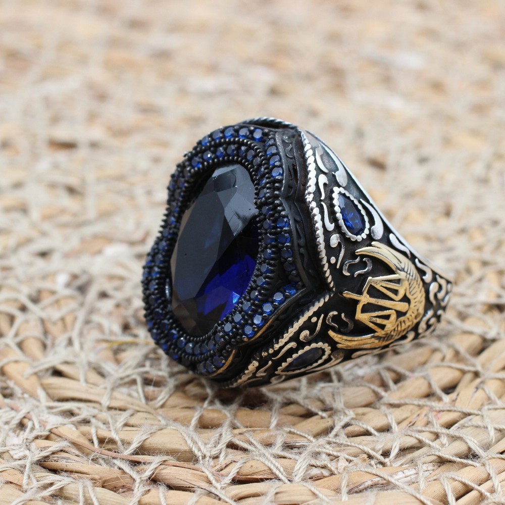 Turkish Handmade Silver Men Ring, Mens Handmade Ring, Ottoman Ring, Sapphire Ring, Men's Jewelry, Gift for Him, 925k Sterling Silver Ring