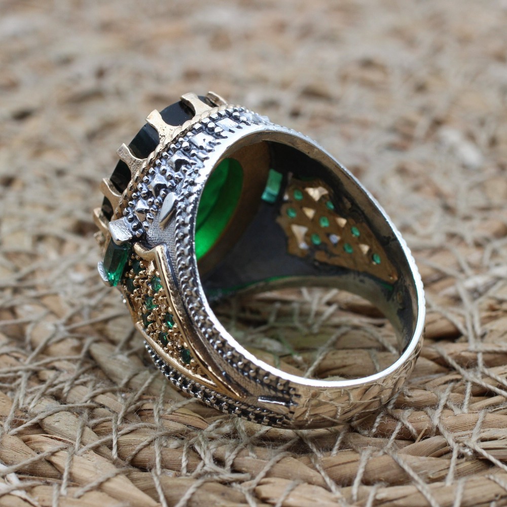 Emerald Men's Ring, Ottoman Men's Ring, Handmade Men's Ring, Turkish Handmade Men's Ring, Men's Jewelry, Gift for Him, 925 Sterling Silver