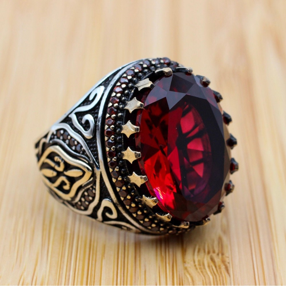 Mens Handmade Ring, Turkish Handmade Silver Men Ring, Ottoman Men Ring, Ruby Ring, Men's Jewelry, Gift for Him, 925k Sterling Silver Ring