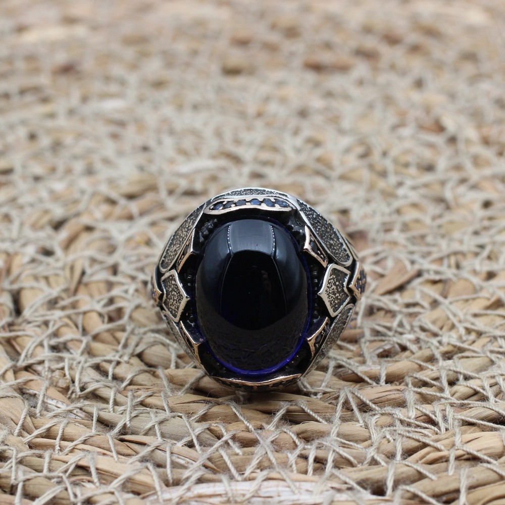 Turkish Ring, Men's Handmade Ring, Ottoman Ring, Cubic Zirconia, Sapphire Men's Ring, Men's Jewelry, Gift for Him, 925k Sterling Silver Ring