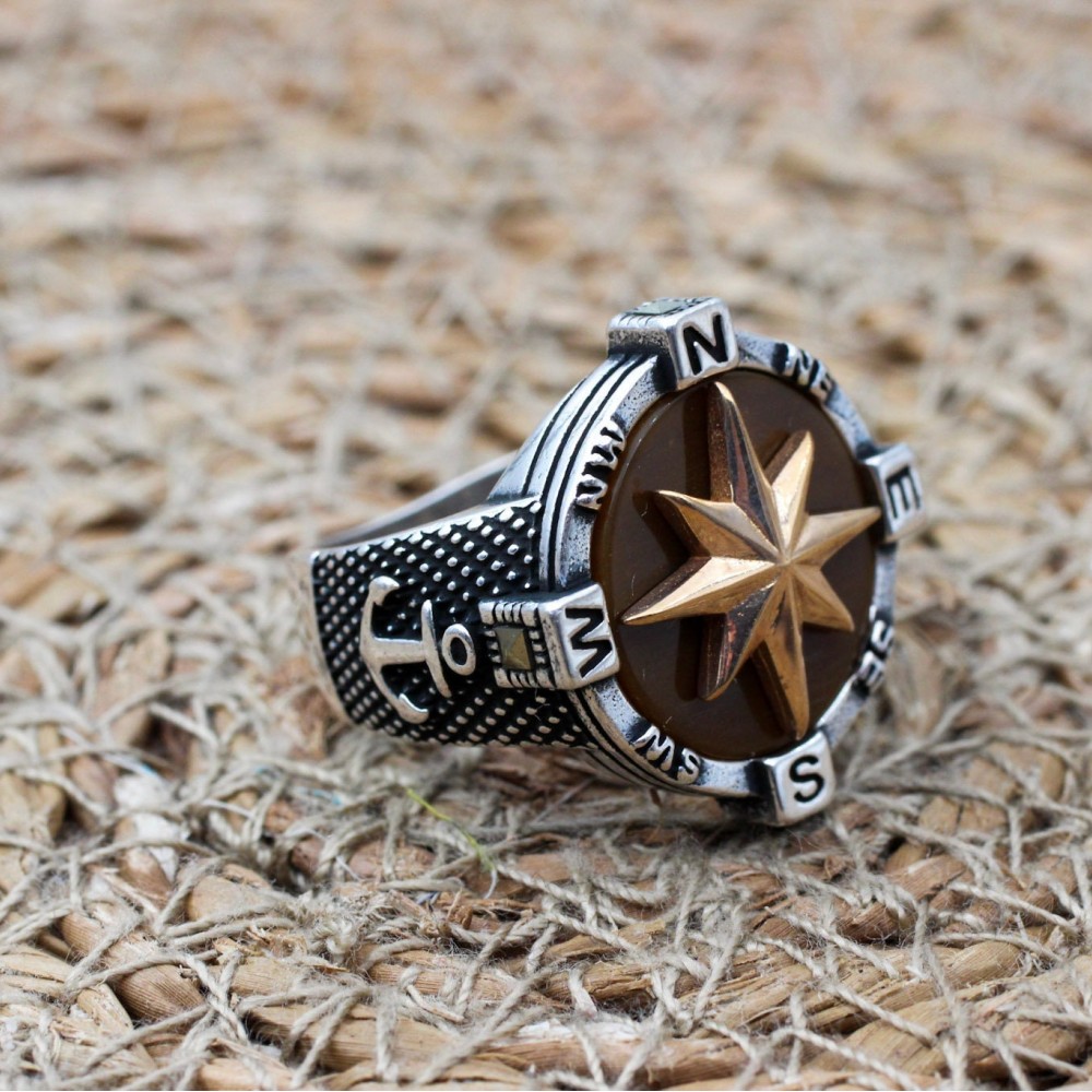 Turkish Handmade Ring, Compass Ring, Handmade Ring, Anchor Ring, Tiger Eye Men Ring, Mens Jewelry, Gift for Him, 925 Sterling Silver Ring