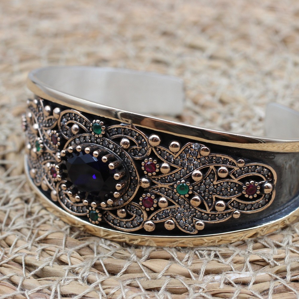 Sapphire Bracelet, Ottoman Bracelet, Handmade Bracelet, Bangle Cuff, Turkish Handmade, Bangle Bracelet, Gift for Her, 925k Sterling Silver