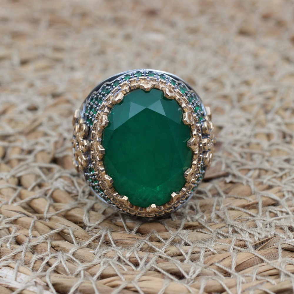 Emerald Men's Ring, Ottoman Men's Ring, Handmade Men's Ring, Turkish Handmade Men's Ring, Men's Jewelry, Gift for Him, 925 Sterling Silver