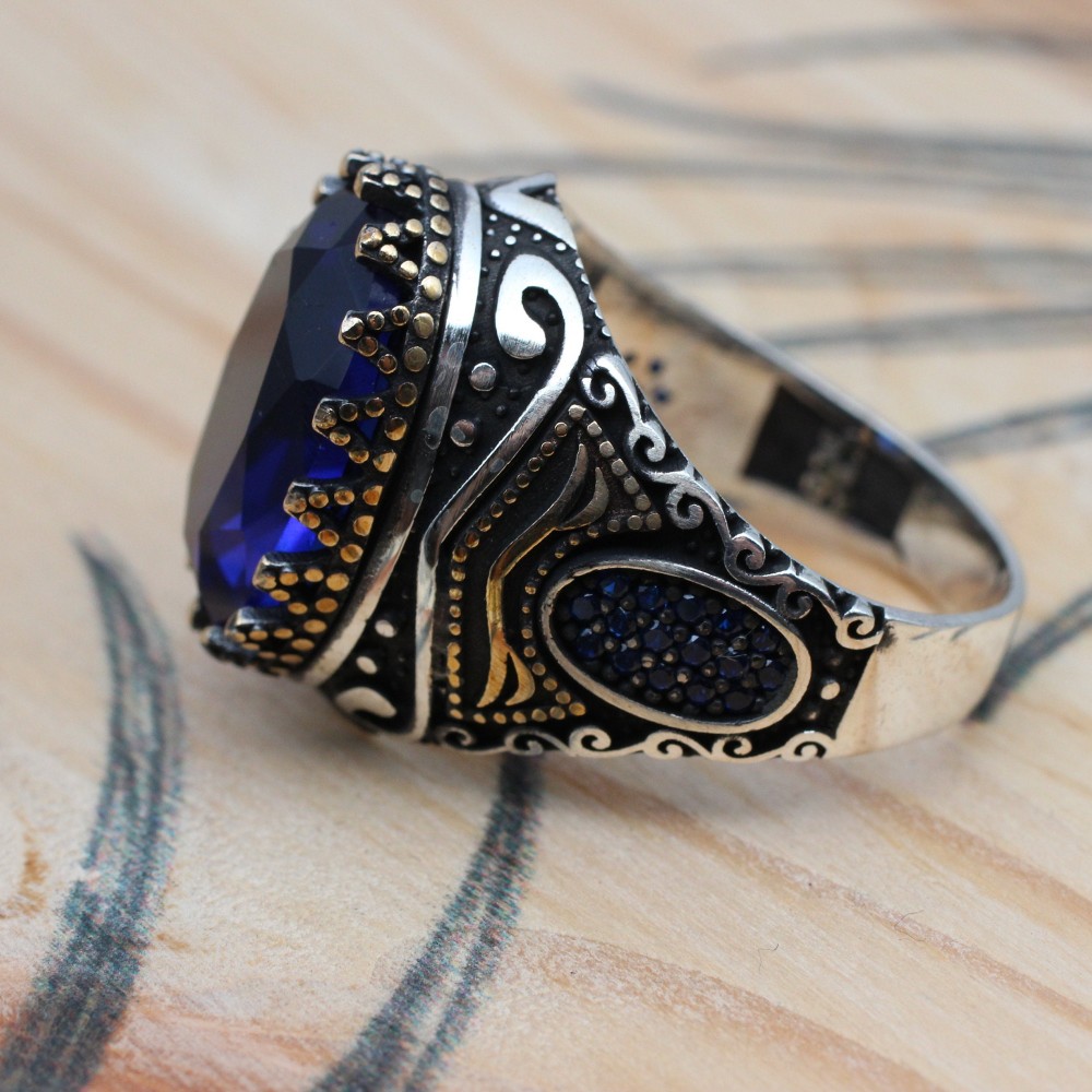Sapphire Men Ring, Turkish Handmade Silver Men Ring, Mens Handmade Ring, Ottoman Ring, Men Jewelry, Gift for Him, 925k Sterling Silver Ring