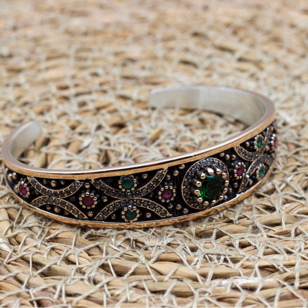 Emerald Bracelet, Ottoman Bracelet, Handmade Bracelet, Bangle Cuff, Turkish Handmade, Bangle Bracelet,Gift For Her, 925k Sterling Silver,