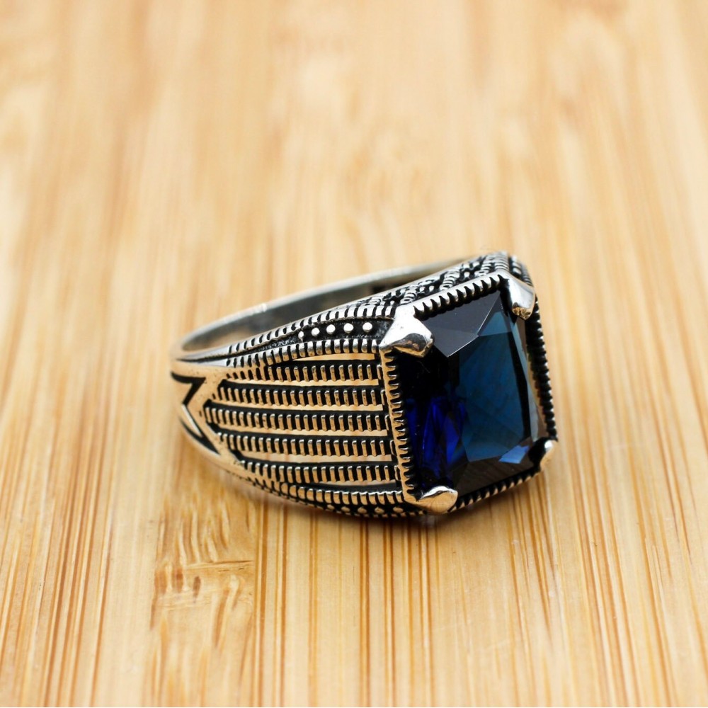 Turkish Ring, Men's Handmade Ring, Ottoman Ring, Cubic Zirconia, Sapphire Men's Ring, Men's Jewelry, Gift for Him, 925k Sterling Silver Ring