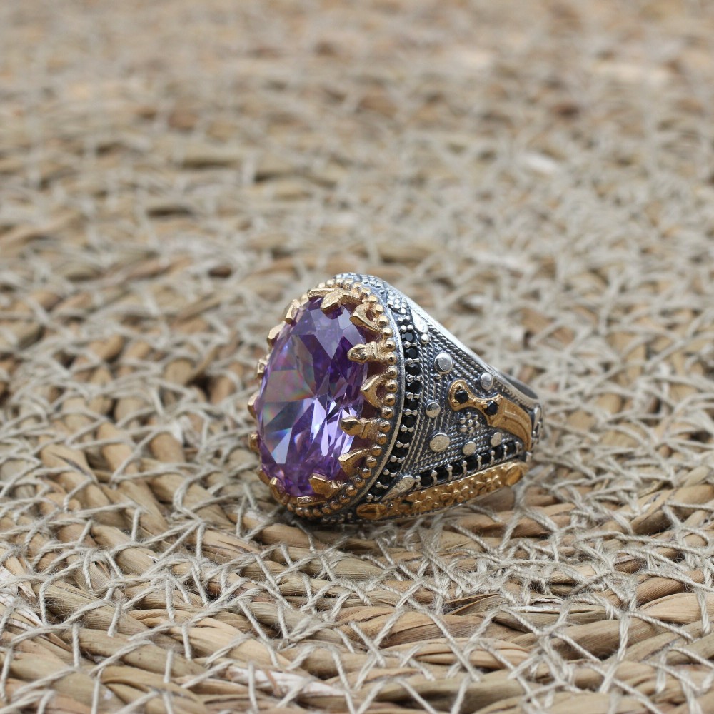 Amethyst Men's Ring, Handmade Men's Ring, Turkish Handmade Men's Ring, Ottoman Mens Ring, Men's Jewelry, Amethyst, 925k Sterling Silver Ring