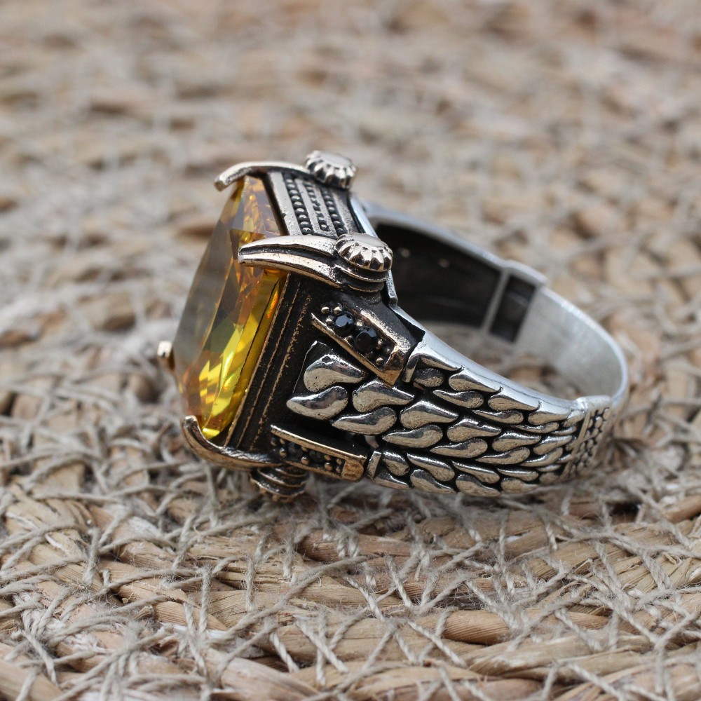 Men's Handmade Ring, Men Chain Model Ring, Citrine Men's Ring, Ottoman Men's Ring, Men's Jewelry, Gift for Him, 925k Sterling Silver Ring