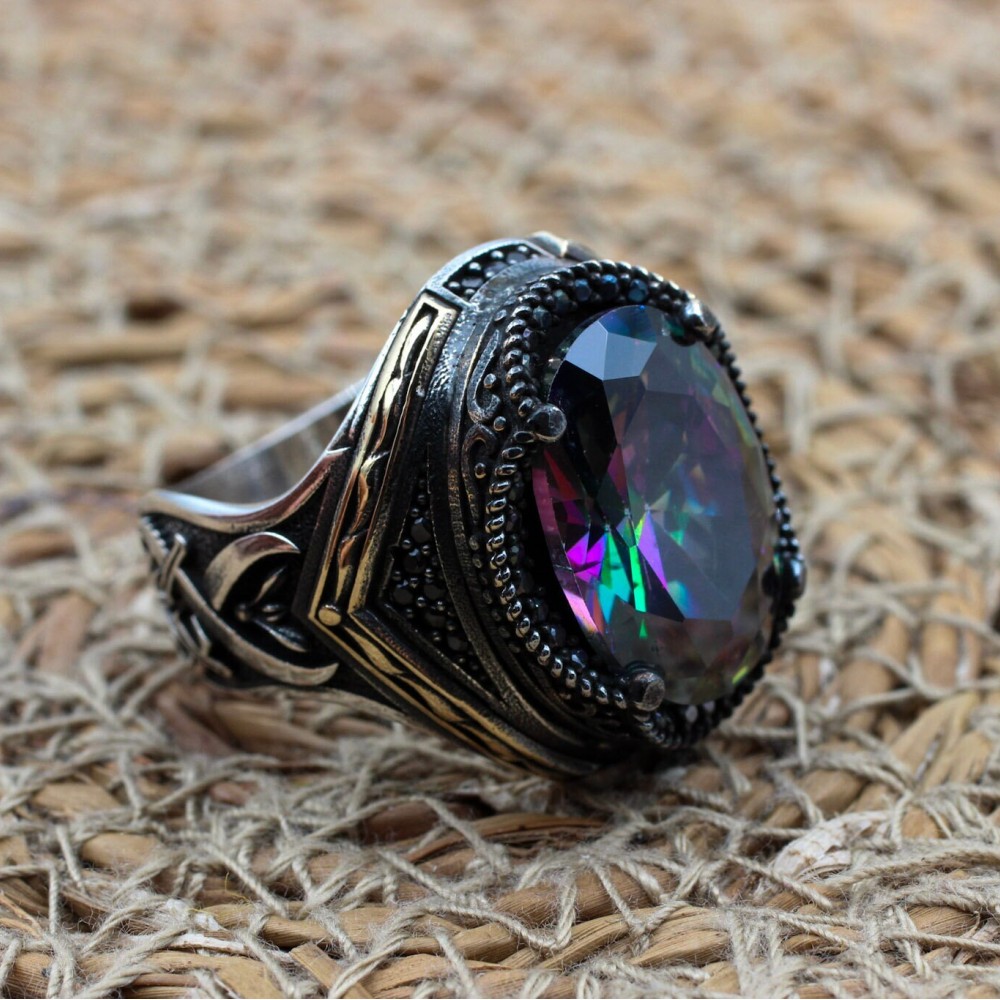 Mystic Topaz Ring, Handmade Ring, Turkish Handmade Silver Men Ring, Mystic Topaz Ring, Men's Jewelry, Gift for Him, 925k Sterling Silver