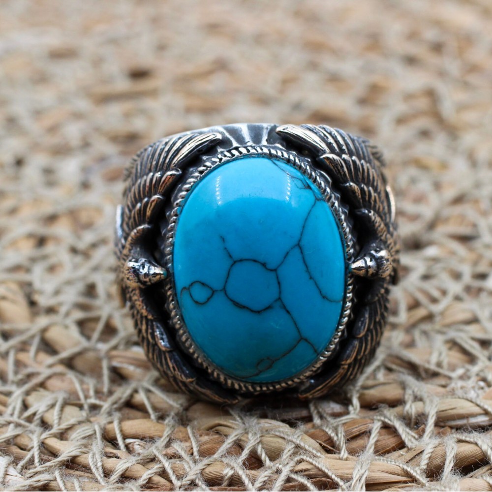 Turquoise Men's Ring, Eagle Ring, Handmade Ring, Turkish Handmade Ring, Ottoman Ring, Men's Jewelry, Gift for Him, 925k Sterling Silver Ring