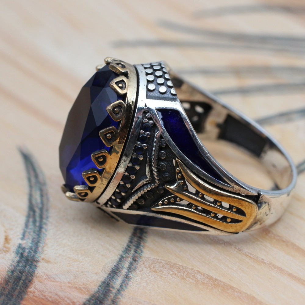 Sapphire Men Ring, Turkish Handmade Silver Men Ring, Mens Handmade Ring, Ottoman Ring, Men Jewelry, Gift for Him, 925k Sterling Silver Ring