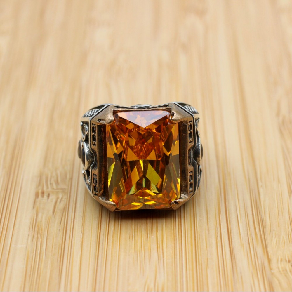 Men's Handmade Ring, Turkish Handmade Ring, Ottoman Men's Ring, Citrine Men's Ring, Men's Jewelry, Gift for Him, 925k Sterling Silver Ring